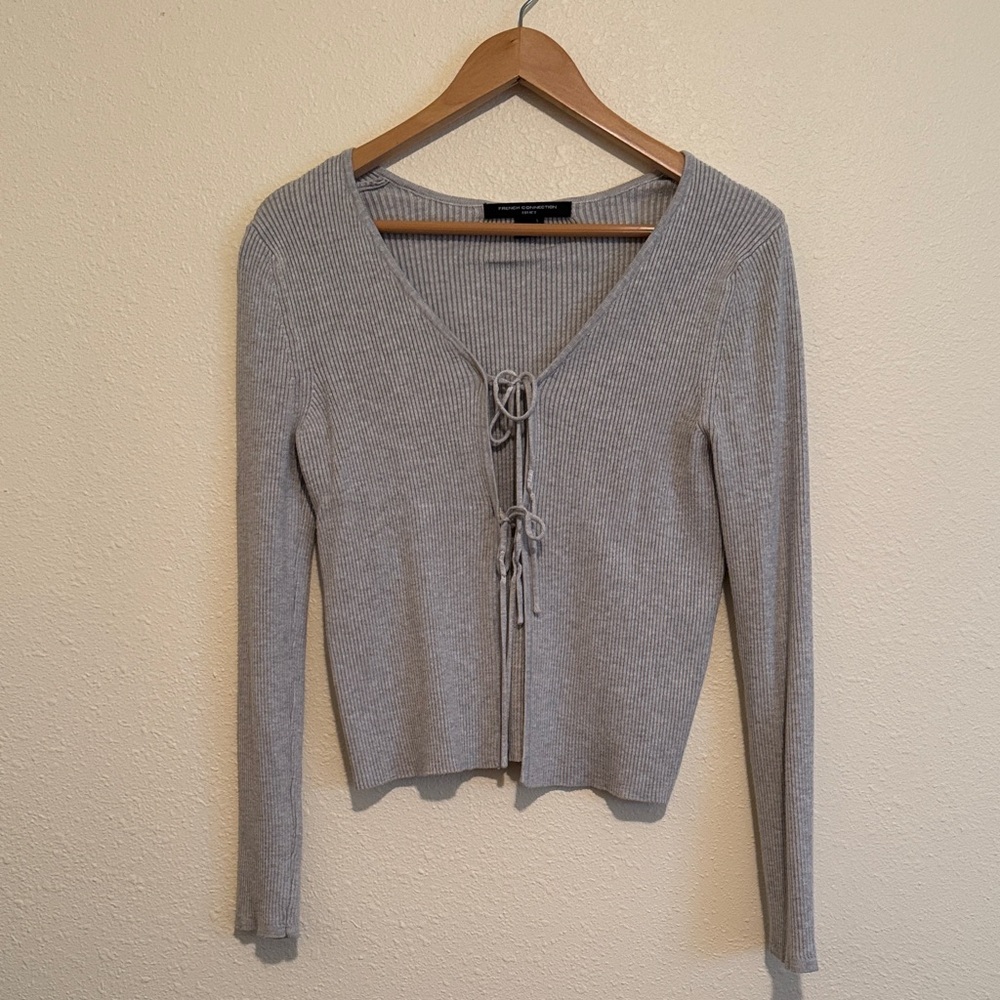 French Connection Gray Ribbed Tie-Front Knit Cardigan